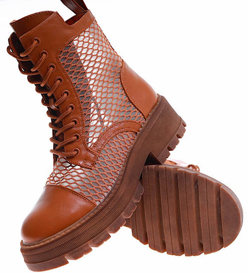 Brązowe ażurowe botki trapery na platformie /16770 F1-1 G381 +h2/