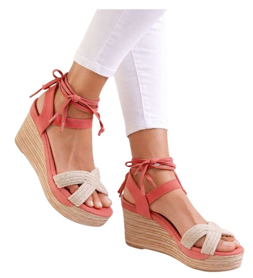 Koralowe sandały na koturnie i platformie /C3-2 14063 S243/
