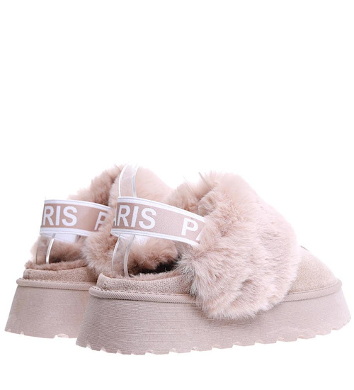 Zimowe grubo ocieplane kapcie na platformie Khaki / A9-3 15288 S535/