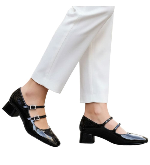 Czarne czółenka z paskiem na niskim obcasie /F9-1 17514  W182/