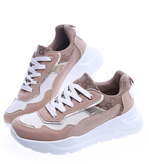 Wiązane sportowe buty damskie beżowe /D5-3 13920 T292/