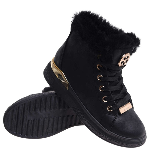 Czarne zimowe trampki z kożuszkiem /E9-1 18429 T411/