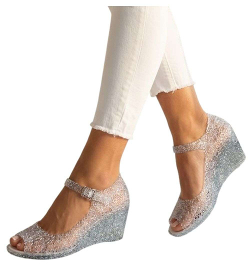 Plażowe sandały meliski na koturnie Srebrne otwarte /H2 14572 T890/