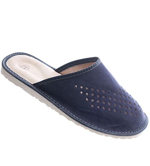 Męskie domowe kapcie ze skóry zamszowej Granatowe /G1-1 7892 S195/