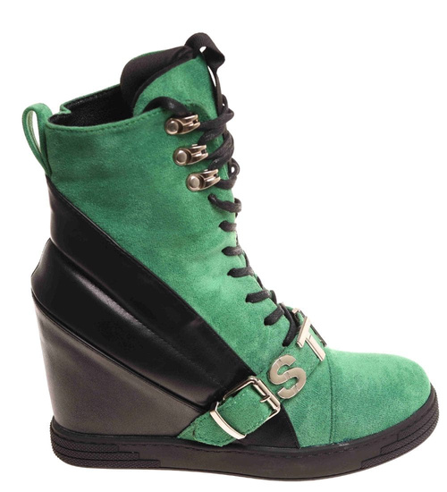 Sznurowane zielono czarne trampki sneakersy koturnie /F8-3 18060 T284/