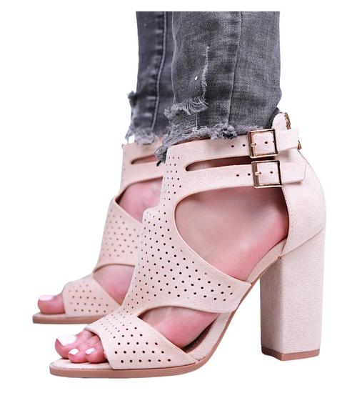 Beżowe damskie sandały na słupku /G13-1 15927 T783/