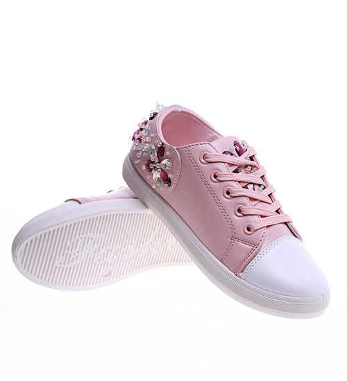 Modne damskie trampki z kamieniami Różowe /B1-2 13468 T128/
