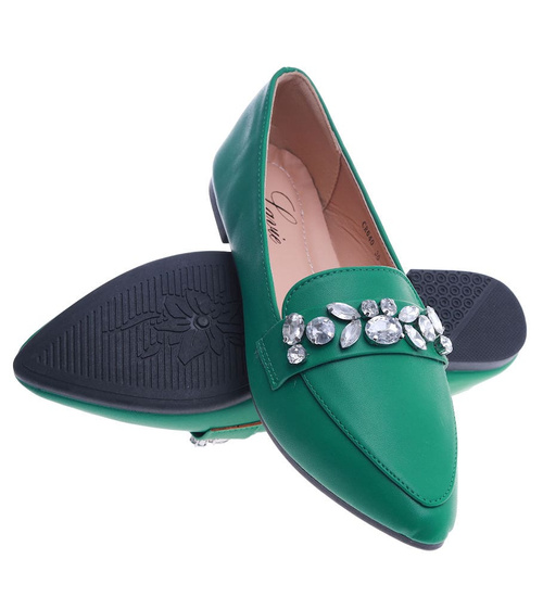 Zielone balerinki lordsy z kamieniami /D6-1 14112 T2/