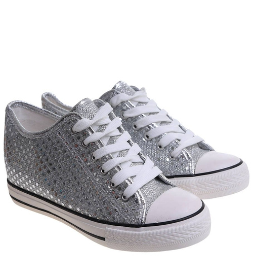 Wiązane srebrne trampki na koturnie /A10-2 16548 G8-61/