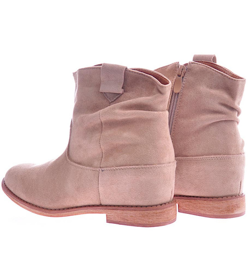 Zamszowe botki damskie na niskim koturnie Beżowe /A5-3+H2 12518 KH T266/