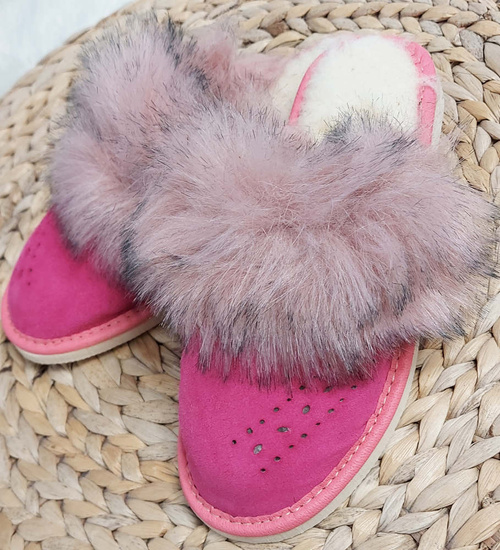 Skórzane ocieplane kapcie damskie Różowe /G2-1 9941 S198/