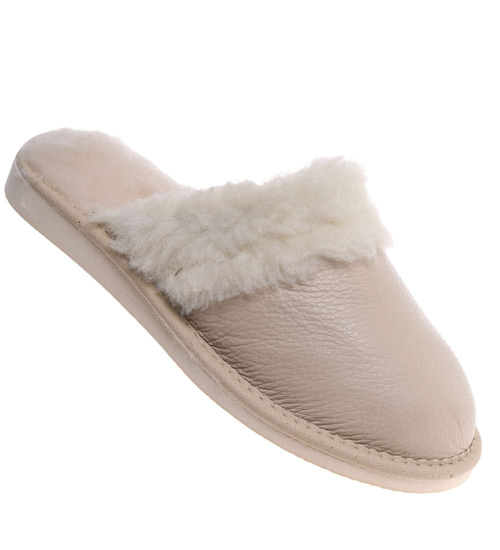 Skórzane beżowe kapcie damskie z wełną /D3-1 18465 S196/