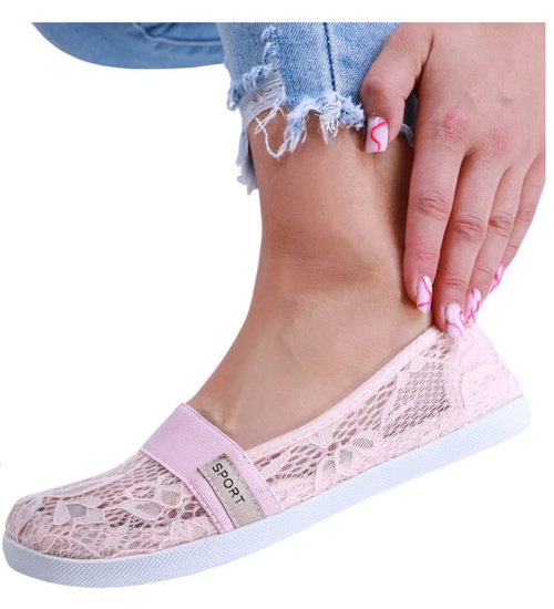 Przewiewne damskie tenisówki slip on z koronki Różowe /G9-2 14550 S154/