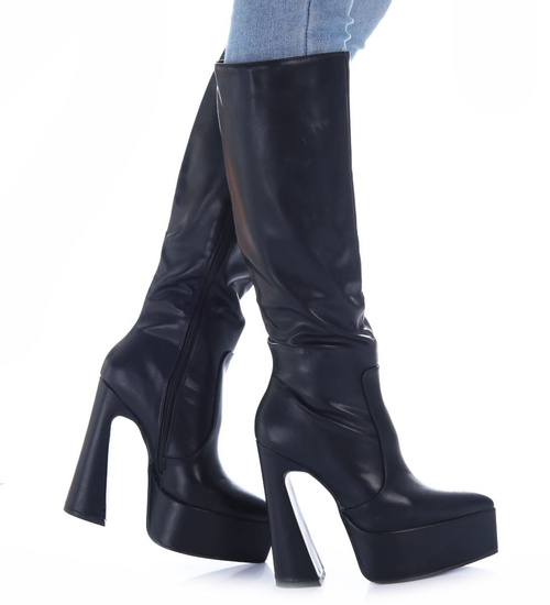 Czarne kozaki damskie na platformie /E6-3 16915 G382/