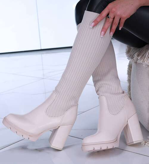 Kozaki damskie beżowe skarpeta /F3-1 15148 S596/ Kozaki damskie beżowe skarpeta /F3-1 15148 S596/