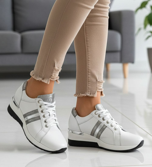 Sznurowane skórzane trampki damskie Białe /E7-3 9778 S154/