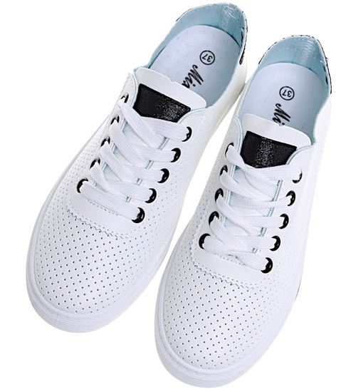 Ażurowe sznurowane biało czarne tenisówki damskie /E2-2 16241 G282/