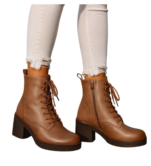 Sznurowane botki workery na obcasie Khaki /i4-3h2 18407 W385/