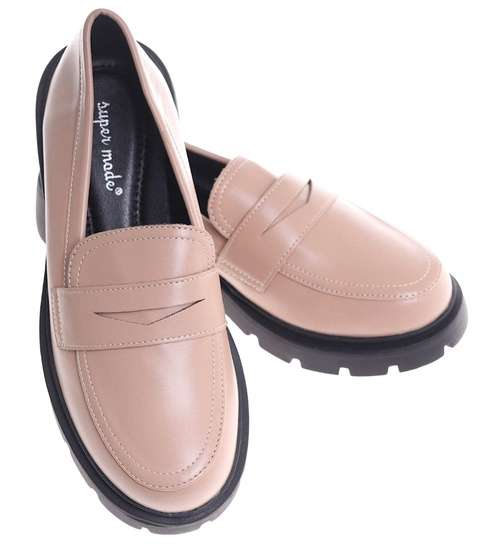 Beżowe półbuty loafersy damskie na platformie /H2 18628 W147/
