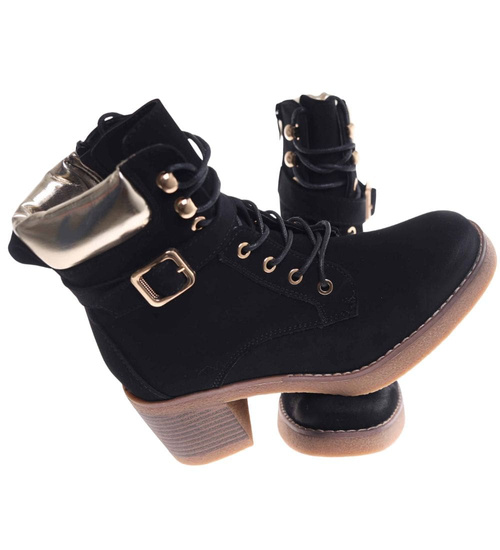 Czarne wiązane botki damskie zimowe /J5-2 18548 W2/