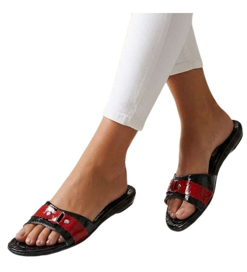 Bordowo czarne klapki na płaskim obcasie /H2 14344 T005/