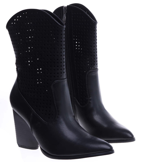 Ażurowe czarne kowbojki na słupku /G7-2 14899 T486/