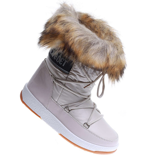 Grubo ocieplane beżowe śniegowce damskie na z futerkiem /E1-3 15399 T434/