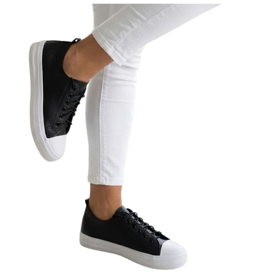 Sznurowane ażurowe czarne trampki damskie /C7-3 12312 S191/