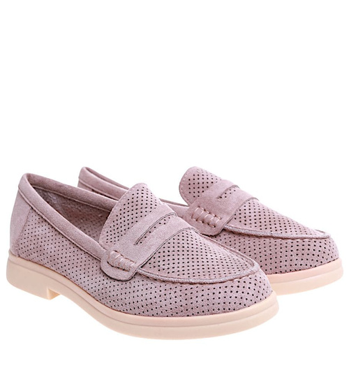 Ażurowe półbuty loafersy na niskim obcasie Khaki /C5-1 16047 T275/