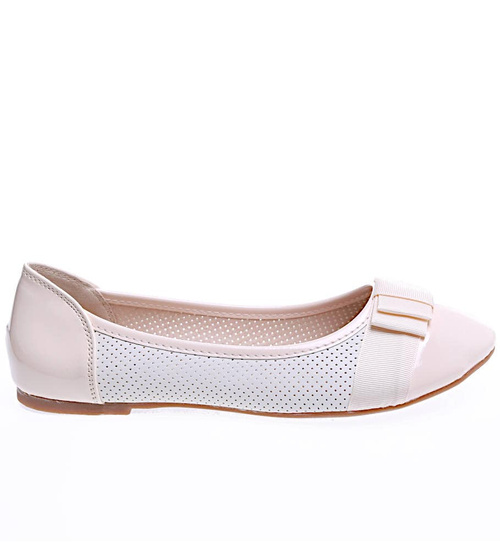 Beżowe ażurowe balerinki z kokardką /B2-2 15536 T148/