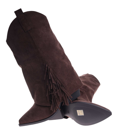 Krótkie czekoladowe kozaki boho na obcasie /B7-1 18580 G688/