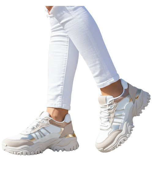 Sznurowane biało beżowe buty sportowe na platformie /G8-2 16805 T683/