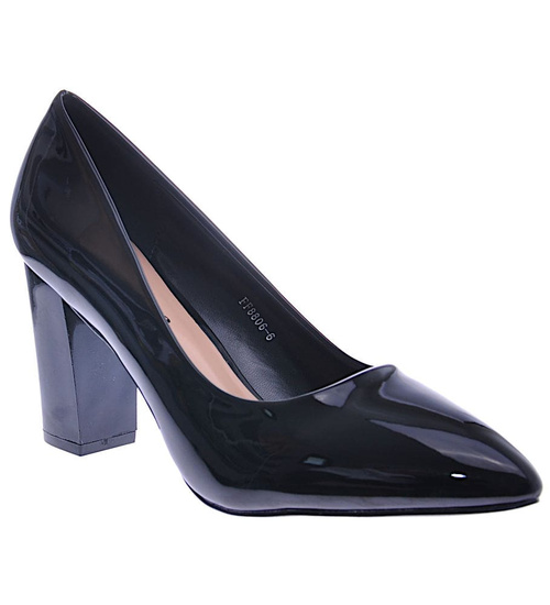 Lakierowane czarne czółenka na słupku /F9-2 12665 T496/