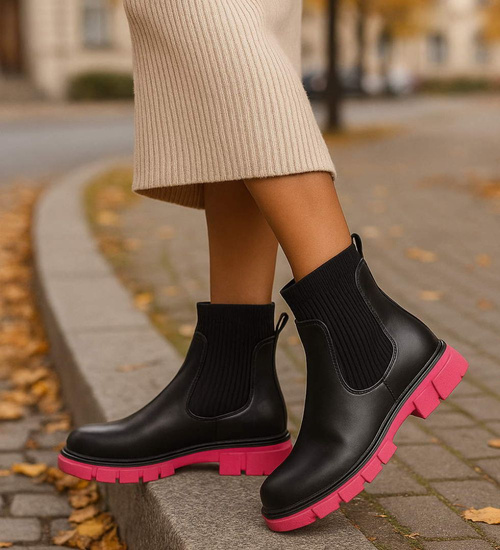 Czarno fuksjowe elastyczne dziewczęce botki ocieplane /B4-2 18340 T3/