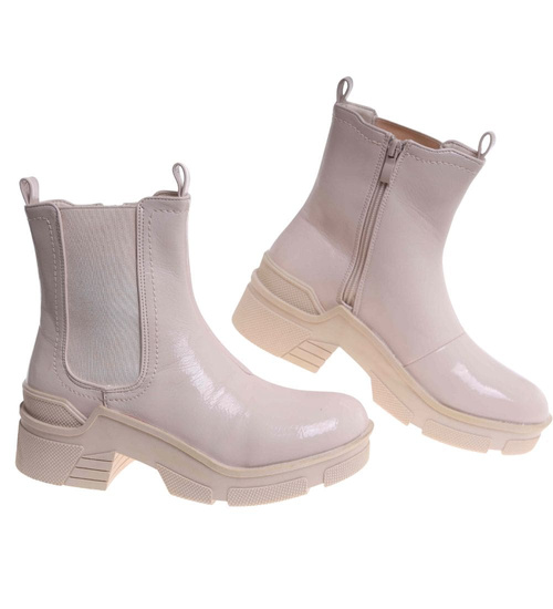 Beżowe botki sztyblety na płaskim grubym obcasie /F5-3 18594 T177/