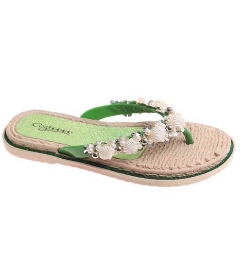 Zielone plażowe damskie klapki japonki z muszelkami /F6-2 17876 T088/