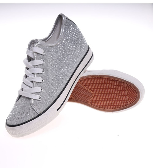 Wiązane srebrne trampki na koturnie ost514