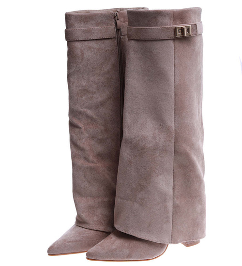 Beżowe kozaki damskie na obcasie /G7-1 14627 T108/