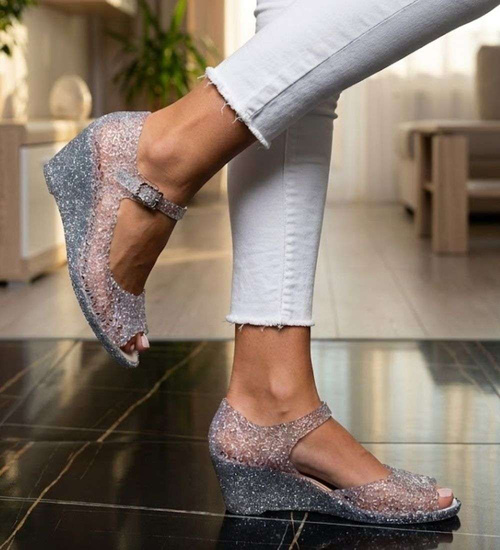 Plażowe sandały meliski na koturnie Srebrne otwarte /H2 14572 T890/