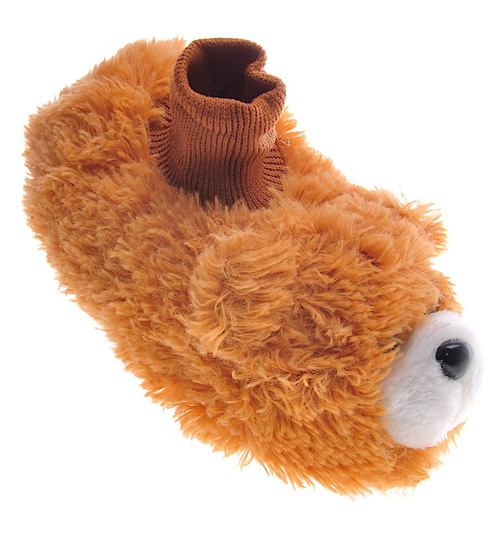 Pluszowe kapcie dziecięce ze ściagaczem Brązowe /E5-1 12963 T195/