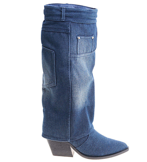 Jeansowe damskie kozaki na słupku /B5-2 14958 T108/