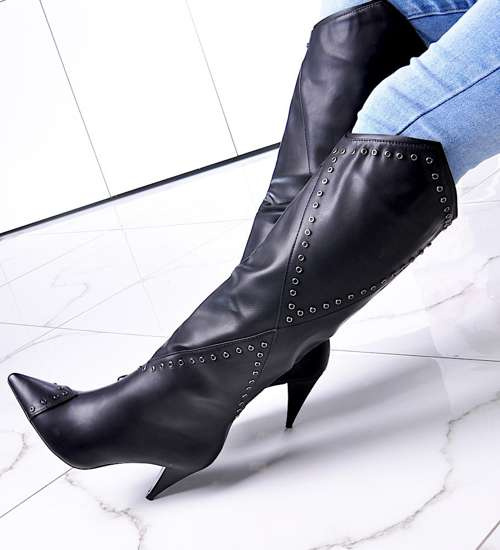 Czarne ocieplane kozaki na obcasie /E1-1 12889 T492/ Czarne ocieplane kozaki na obcasie /E1-1 12889 T492/