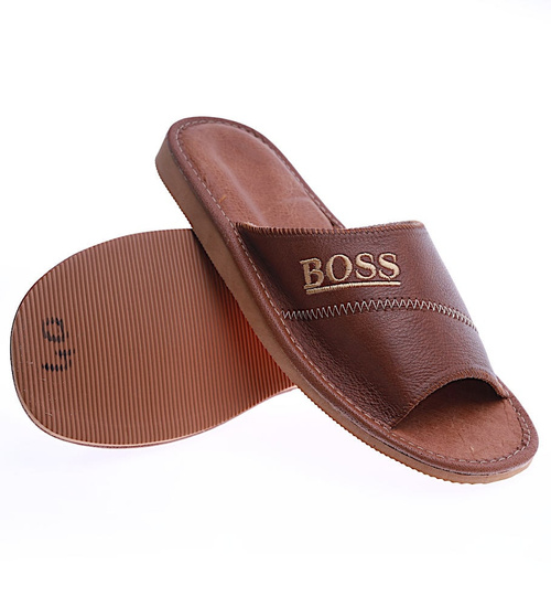 Skórzane męskie klapki domowe Brązowe /F9-1 14238 S196/