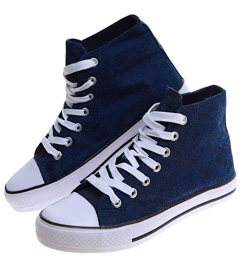 Klasyczne granatowo białe trampki damskie koronkowe z wysoką cholewką /C7-2 16739 G9-84/