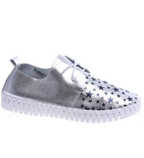 Sznurowane dziewczęce trampki z gwiazdkami Srebrne /G1-3 13808 T142/