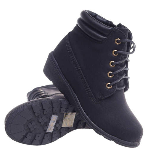 Czarne sznurowane botki na niskim koturnie /C5-2+H2 16626 T7-38/