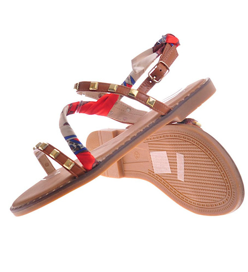 Camelowe sandały damskie na płaskim obcasie /C4-3 12147 T3/