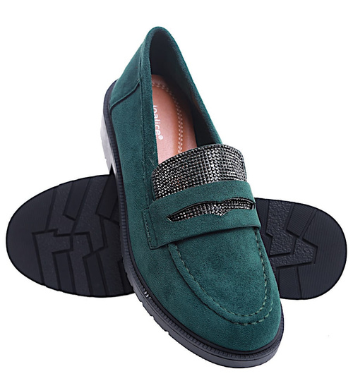 Zielone zamszowe półbuty loafersy na niskim obcasie /D9-2 15484 T386/