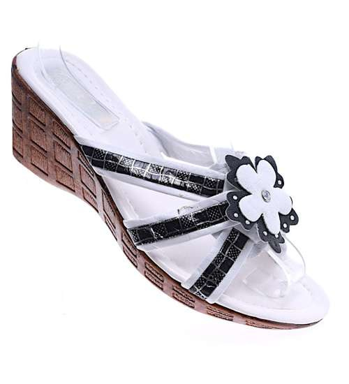 Damskie klapki na koturnie i platformie Biało Czarne /H2 14313 T005/ Damskie klapki na koturnie i platformie Biało Czarne /H2 14313 T005/