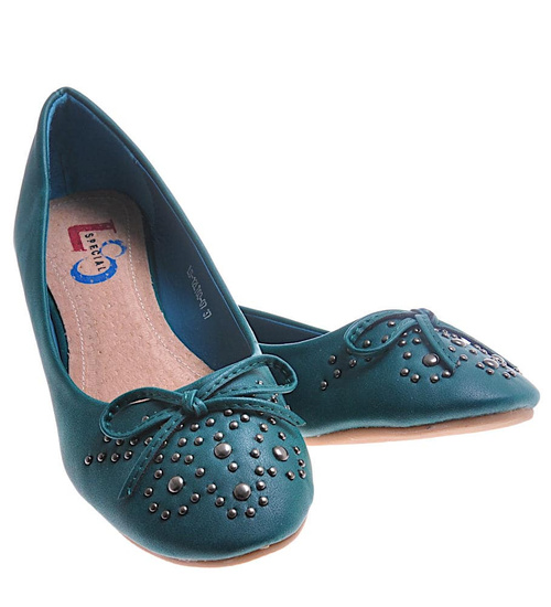 Zielone balerinki damskie z kokardką i dżetami /C7-2 10780 T098/